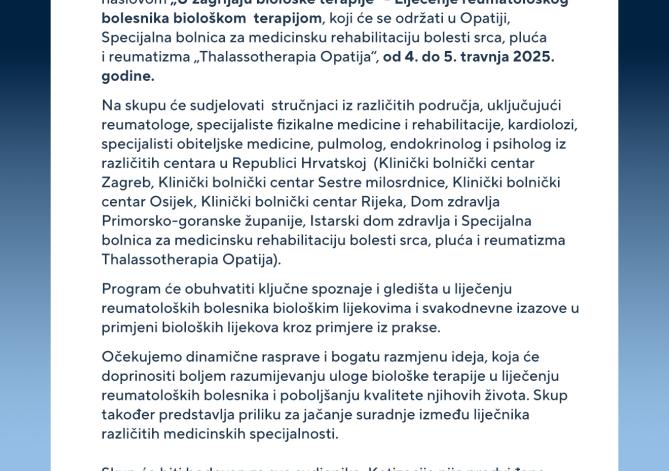 Reumatološki skup „U zagrljaju biološke terapije“ 4. i 5. travanj 2025.