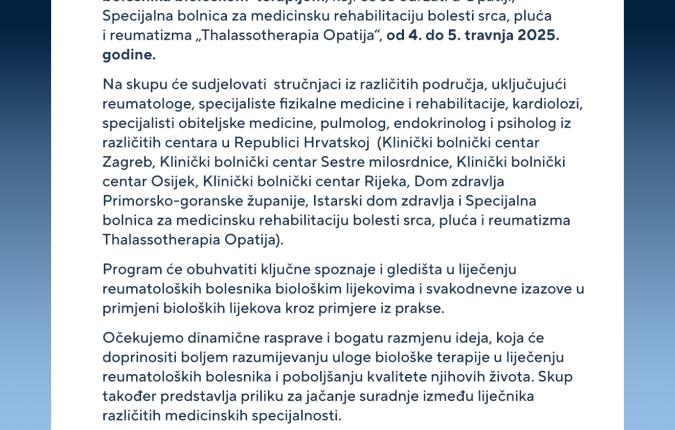 Reumatološki skup „U zagrljaju biološke terapije“ 4. i 5. travanj 2025.